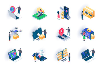 Delivery service isometric icons set. Global logistics, warehousing and distribution flat vector illustration. Courier delivery, online route tracking 3d isometry pictograms with people characters.