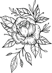 Vector black and white peony. Minimalistic graphics. Sketch of a flower tattoo. Cute vector flat illustration.