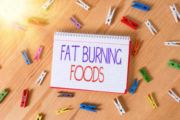 Conceptual hand writing showing Fat Burning Foods. Concept meaning produce fat loss by stimulating...