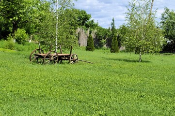 Fototapeta na wymiar Nature park green grass blue sky old wooden cart still life relax background