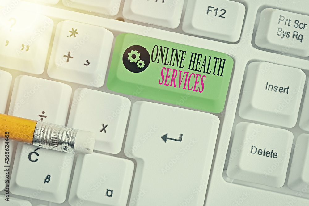 Aufkleber writing note showing online health services. business concept for healthcare delivered and enhanced 