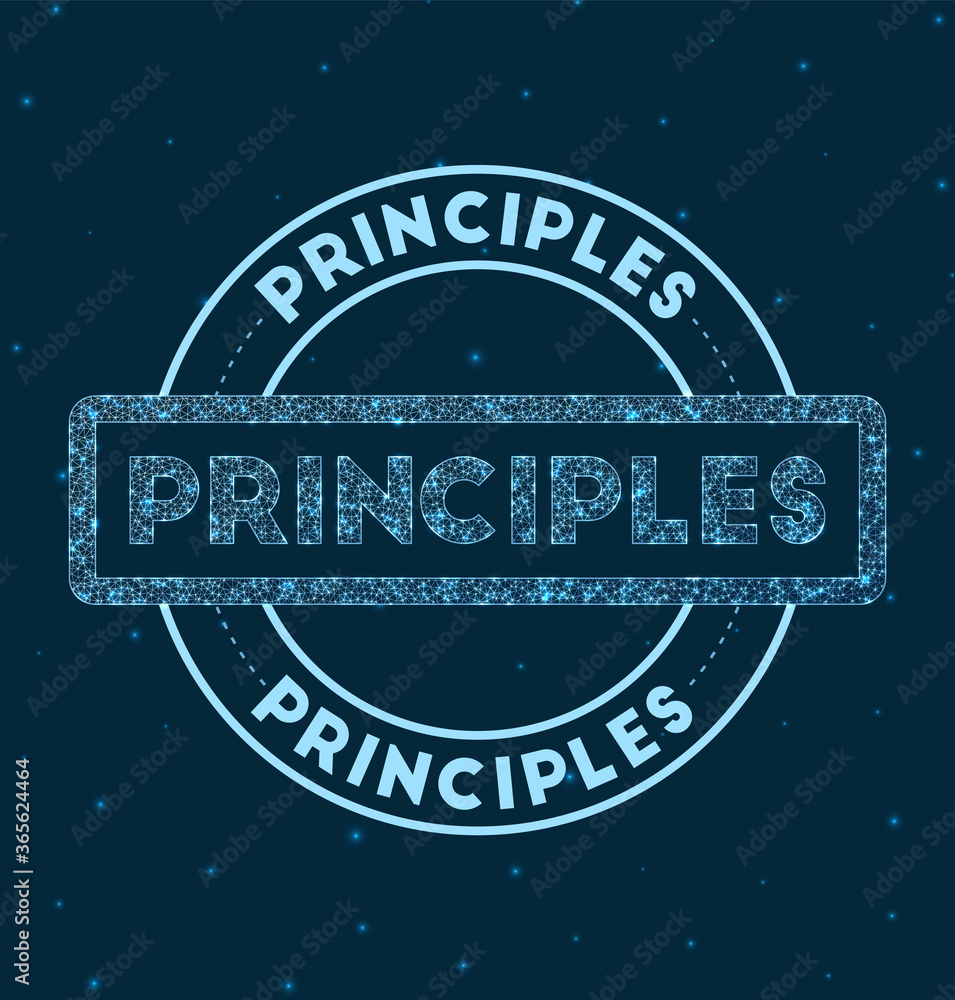 Poster principles. glowing round badge. network style geometric principles stamp in space. vector illustrat