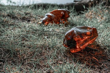 Environment and plastic garbage in woodland. Rubbish trash, waste in forest. Ecological problem with Empty used bottles of big city.