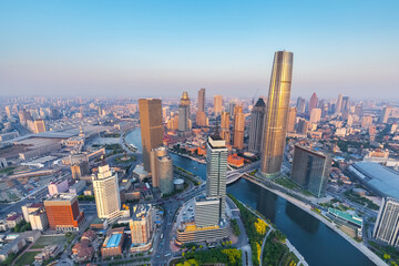 aerial view of tianjin cityscape at dusk