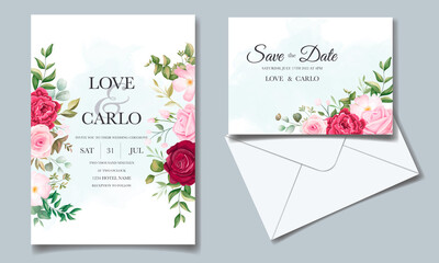 Beautiful wedding invitation card template set with floral frame