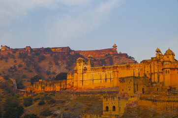 Breathtaking panoramic view of Amber Fort and Amer Palace in the mountains of Jaipur in Rajasthan...