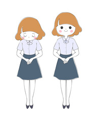 半袖ブラウスとスカートの制服を着てポーズを取る女性　全身