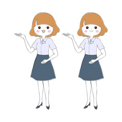 半袖ブラウスとスカートの制服を着てポーズを取る女性　全身