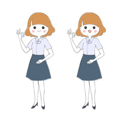 半袖ブラウスとスカートの制服を着てポーズを取る女性　全身