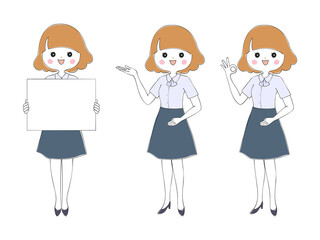 半袖ブラウスとスカートの制服を着てポーズを取る女性　全身