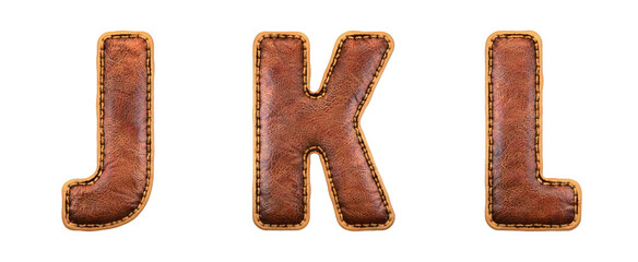 Fototapeta premium Set of leather letters J, K, L uppercase. 3D render font with skin texture isolated on white background.