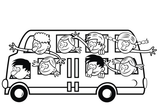 happy kids at bus, coloring book, vector humorous illustration