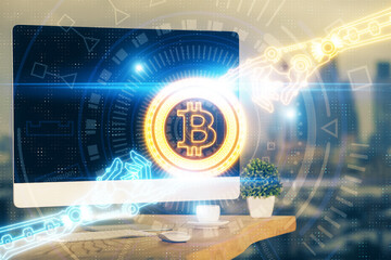 Multi exposure of blockchain theme hologram and table with computer background. Concept of bitcoin crypto currency.