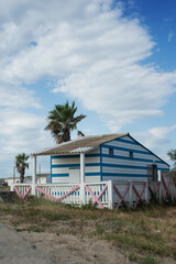 view of wooden hut and palm tree on the beach in Gruissan in France