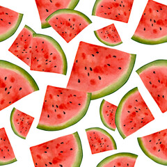 Seamless pattern with watercolor pieces of different sizes of red watermelon in high quality and hand-drawn