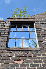 Broken Window in Brick Wall of Ruined Industrial Building against Blue Sky 