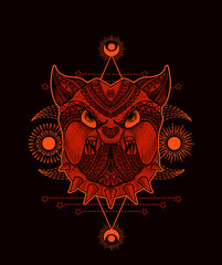 Illustration vector Dog head mandala tribal style with sacred geometry on black background.