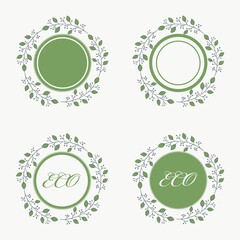 Collection circle  eco frame with green leaves isolated on white background. Vector eps 10