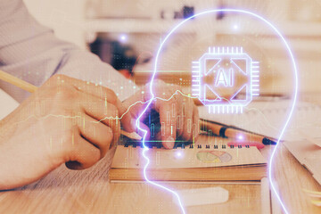 Brain multi exposure icon with man hands background.