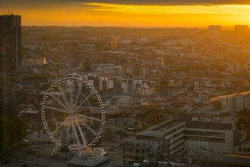 Summer sunset over Brussels - Top view of capital city of Belgium with spectacular lights and colour