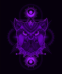 Illustration vector Dog head mandala tribal style with sacred geometry on black background.