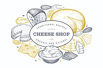 Cheese design template. Hand drawn vector dairy illustration. Engraved style different cheese kinds banner. Vintage food background.
