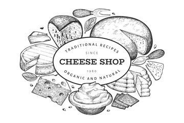 Cheese design template. Hand drawn vector dairy illustration. Engraved style different cheese kinds banner. Vintage food background.