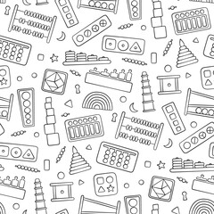 Hand drawn kid toys for Montessori games. Education logic toys for preschool children. Montessori system for early childhood development. Seamless pattern in doodle style on white background