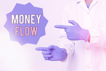 Writing note showing Money Flow. Business concept for it is an indicator of positive or negative in...
