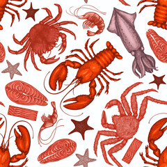 Seafood seamless pattern. Hand drawn vector seafood illustration. Engraved style food banner. Vintage sea animals background