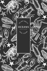 Seafood design template. Hand drawn vector seafood illustration on chalk board. Engraved style food banner. Vintage sea animals background