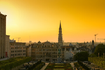 Fototapeta na wymiar Brussels / Belgium - 2020: Amazing summer sunset at Garden of the Mont des Arts square with view over the city centre and Grand Place