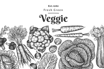 Hand drawn sketch vegetables design. Organic fresh food vector banner template. Retro vegetable background. Engraved style botanical illustrations.