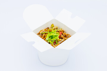 Isolated Asian Udon Wheat Noodles with vegetables, soy sauce and spring onion scallions in white...