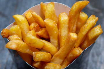 French fries in a blue box