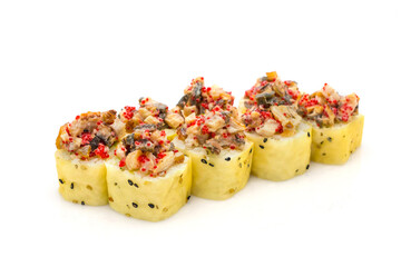 Japanese Volcano Sushi Roll wrapped in mamenori seaweed isolated on white background. Asian food with flying fish roe (tobiko) and Unagi eel pieces on top. Menu dish isolation
