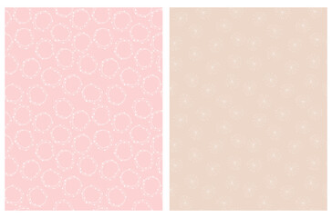 Simple Seamless Geometric Vector Patterns. White Free Hand Circles Isolated on a Light Pink Background. White Abstarct Snowflakes on a Cream Layout. Simple Abstract Doodle Vector Print.