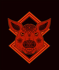 Iluustration vector pig head mandala pattern style with sacred geometry on black background.