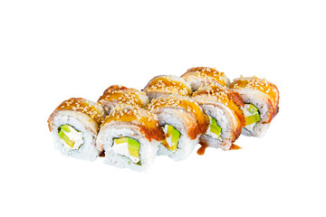 Japanese Sushi Roll with avocado, Philadelphia cream cheese and eel on top. isolated on white background. Served with Unagi sauce and sesame seeds seeds. Asian dish Menu isolation.

