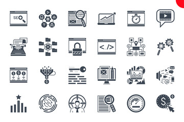 Seo Glyph Related Icons Set on White Background. Simple Solid Pictogram Pack Stroke Vector Logo Concept for Web Graphics. 