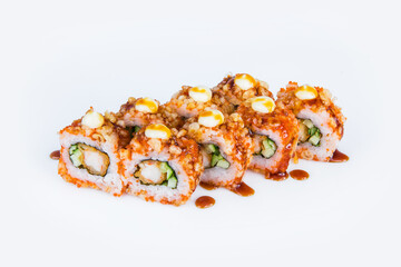 Japanese Crunchy Sushi Roll with Tempura shrimp and cucumber isolated on gray background. Asian dish with japanese mayonnaise on top served with Unagi sauce. Single object
