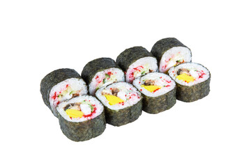 Japanese Futomaki Sushi Roll pieces isolated on white. Asian Maki roll with unagi eel, mango, cucumber, flying fish roe (tobiko caviar) and Philadelphia chesse. 
