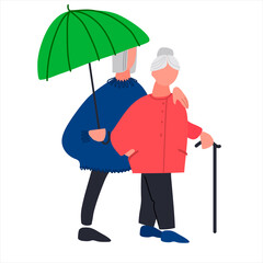 Happy old people walking under umbrella. Senior couple enjoying a walk together in the rain. Vector illustration in flat style. Isolated on white