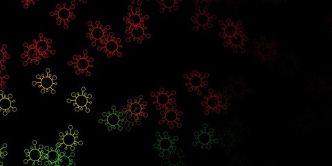 Dark green, red vector pattern with coronavirus elements.