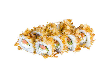Japanese Sushi Roll with raw salmon, cucumber and Philadelphia cream cheese isolated on white background. Asian dish with tuna chips (Bonito). Single object
