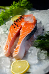 red fish steak on ice with herbs and spices