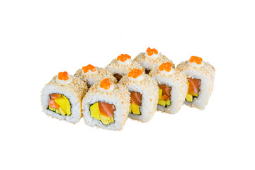 Side view of Asian Sushi with salmon, avocado, Tamagoyaki egg omelette (Tamago), sesame seeds, Japanese mayonnaise and red caviar on top isolated on white background. Japanese dish menu isolation.
