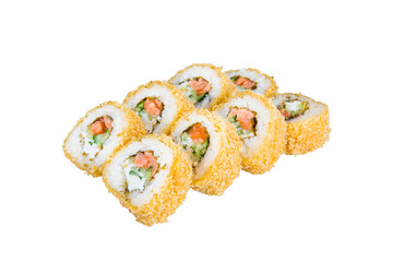 Japanese Roll with breading isolated on white background. Asian Philadelphia Hot Roll pieces with salmon, cucumber, cream cheese. Food menu isolation on white

