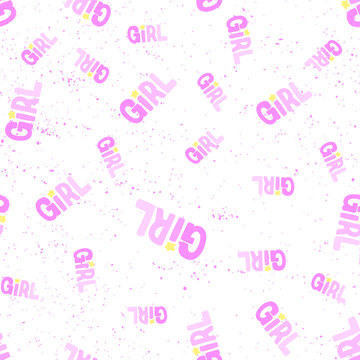 Girl. Vector seamless pattern with hand drawn words. Memphis geometric outline trendy modern style. 