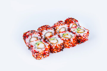 Asian roll pieces isolated on white background. Japanese Sushi Roll with crunchy tempura shrimp, cucumber, rice and colorful flying fish roe (Tobiko caviar).  Menu copy space image.
